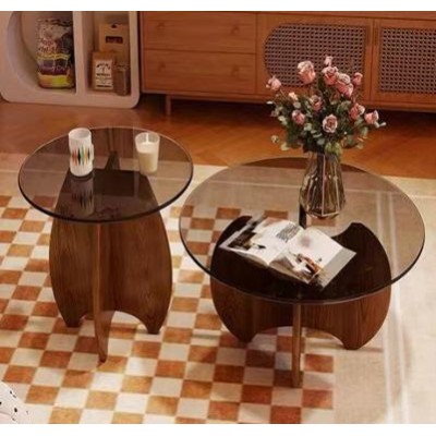 Tables basses gigognes rondes – Verre trempé et bois moderne