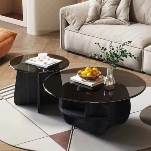 Ensemble de deux tables basses gigognes rondes – Verre trempé et bois moderne