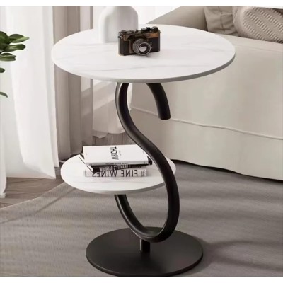 Table d’appoint moderne en S à 2 niveaux – Métal noir et marbre blanc