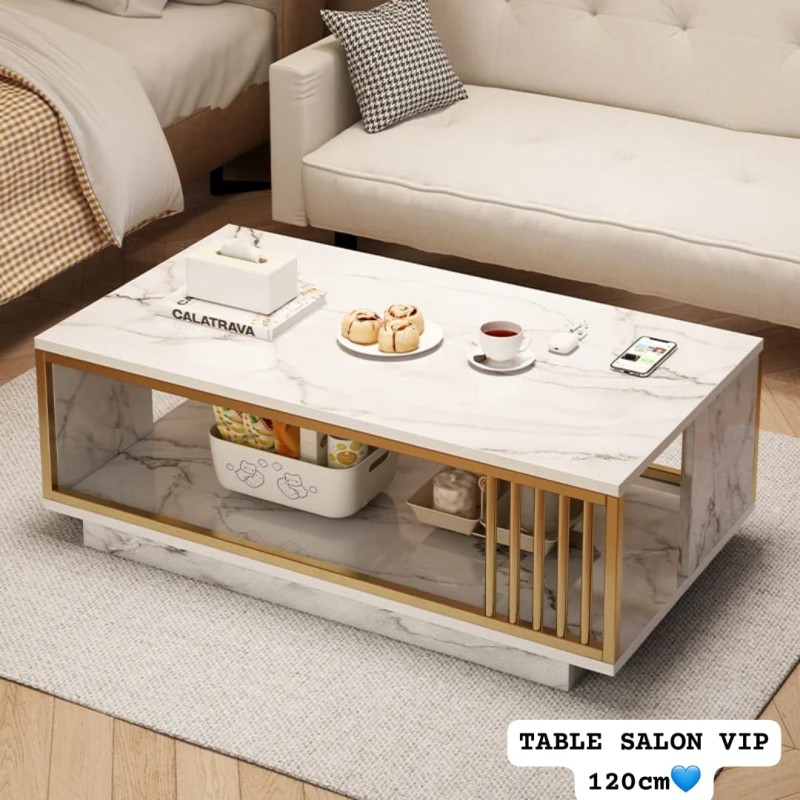 Table basse en bois effet marbre  avec cadre en fer