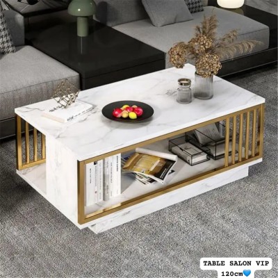 Table basse en bois effet marbre  avec cadre en fer