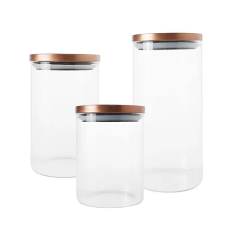 Lot de 3 pots en verre avec couvercles cuivrés – Élégance et conservation hermétique