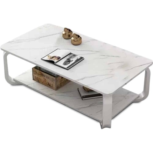 Table Basse Rectangulaire Bois Effet Marbre à 2 Niveaux – Structure Métal 2