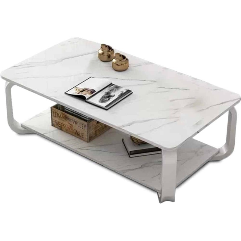 Table Basse Rectangulaire Bois Effet Marbre à 2 Niveaux – Structure Métal