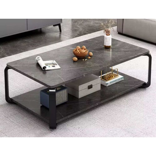 Table Basse Rectangulaire Bois Effet Marbre à 2 Niveaux – Structure Métal