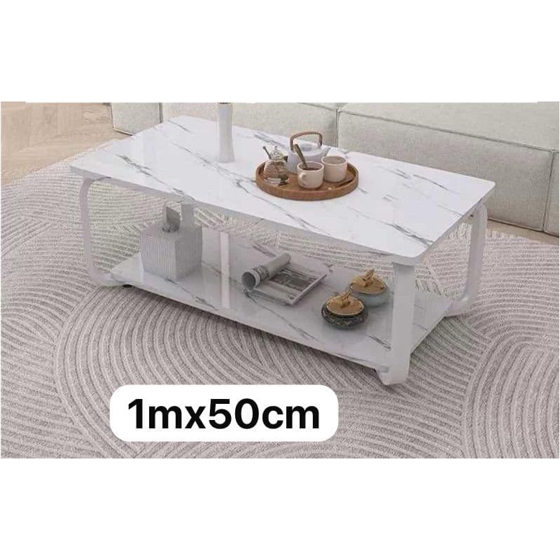 Table Basse Rectangulaire Bois Effet Marbre à 2 Niveaux – Structure Métal
