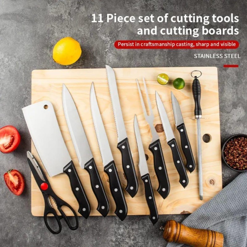 Ensemble Premium de 7 Couteaux de Cuisine en Acier Inoxydable avec Planche à Découper en Bois