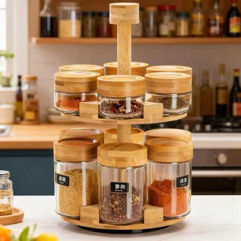 Étagère Rotative à Épices 2 Niveaux – Pots en Verre  avec Couvercles Hermétiques en Bambou