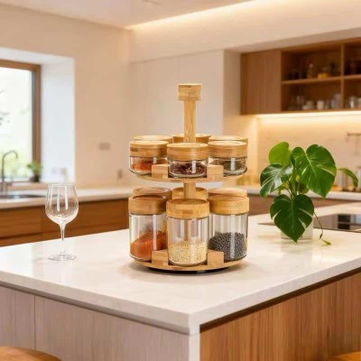 Étagère Rotative à Épices 2 Niveaux – Pots en Verre  avec Couvercles Hermétiques en Bambou