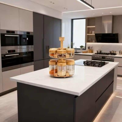 Étagère Rotative à Épices 2 Niveaux – Pots en Verre  avec Couvercles Hermétiques en Bambou