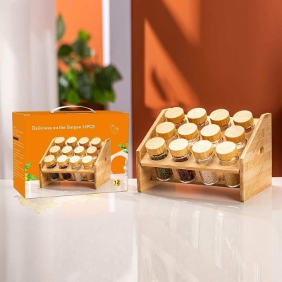 Porte- Épices en Bambou 3 Niveaux avec 12 Bocaux en Verre