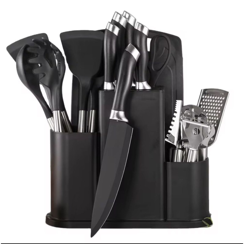 Set Complet 18 Pièces Ustensiles de Cuisine  – Couteaux, Outils, Planche et Support