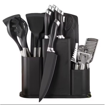 Set Complet 18 Pièces Ustensiles de Cuisine  – Couteaux, Outils, Planche et Support