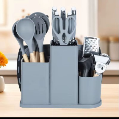 Set Complet 18 Pièces Ustensiles de Cuisine  – Couteaux, Outils, Planche et Support