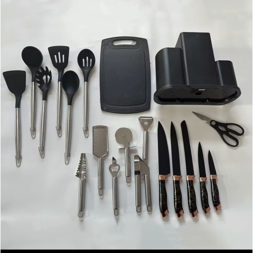 Set Complet 18 Pièces Ustensiles de Cuisine  – Couteaux, Outils, Planche et Support