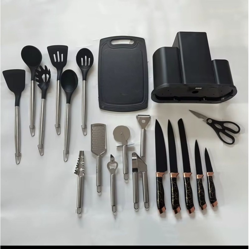 Set Complet 18 Pièces Ustensiles de Cuisine  – Couteaux, Outils, Planche et Support