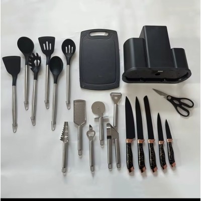 Set Complet 18 Pièces Ustensiles de Cuisine  – Couteaux, Outils, Planche et Support