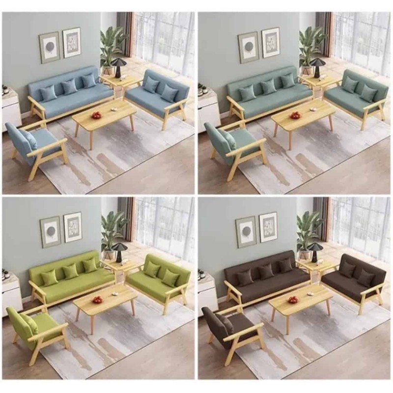 Salon scandinave complet en bois massif avec canapés en tissu