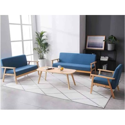 Salon scandinave complet en bois massif avec canapés en tissu