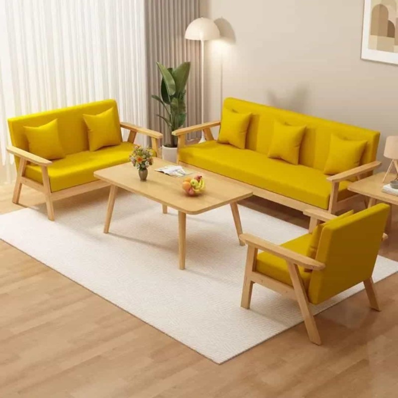 Salon scandinave complet en bois massif avec canapés en tissu