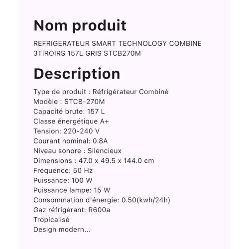 Réfrigérateur Combiné Smart  STCB-270M – Performance et Élégance 2