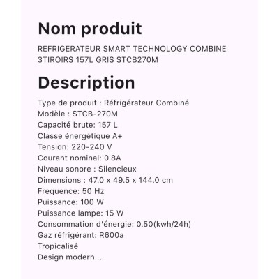 Réfrigérateur Combiné Smart  STCB-270M – Performance et Élégance