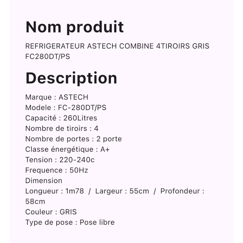 Réfrigérateur ASTECH FC-280DT/PS 260L – 2 Portes, 4 Tiroirs