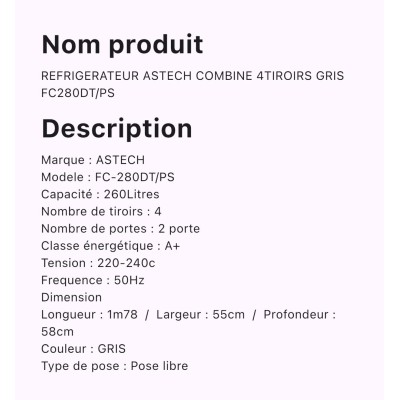 Réfrigérateur ASTECH FC-280DT/PS 260L – 2 Portes, 4 Tiroirs