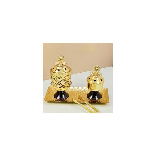 Brûleurs d’Encens Arabes Élégants – Set Complet en Métal Doré avec Plateau