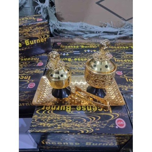 Brûleurs d’Encens Arabes Élégants – Set Complet en Métal Doré avec Plateau 2