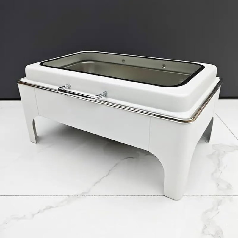 Chafing Dish Rectangulaire Doré et Argenté en Acier Inoxydable avec Couvercle en Verre
