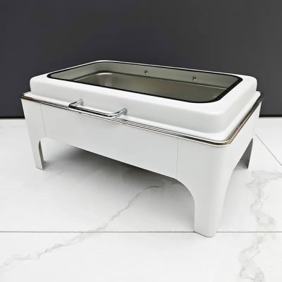 Chafing Dish Rectangulaire Doré et Argenté en Acier Inoxydable avec Couvercle en Verre