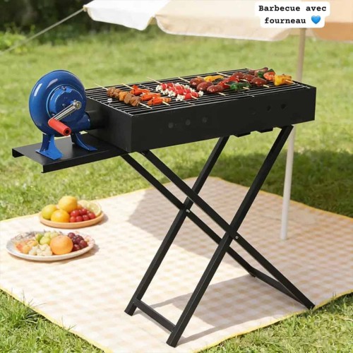 Barbecue Portable au Charbon avec Ventilateur Manuel – Pliable et Robuste pour Tabaski 2
