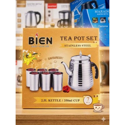 Théière Inox 2.5L avec 6 Verres Gobelets 350ml – Set à Thé BIEN