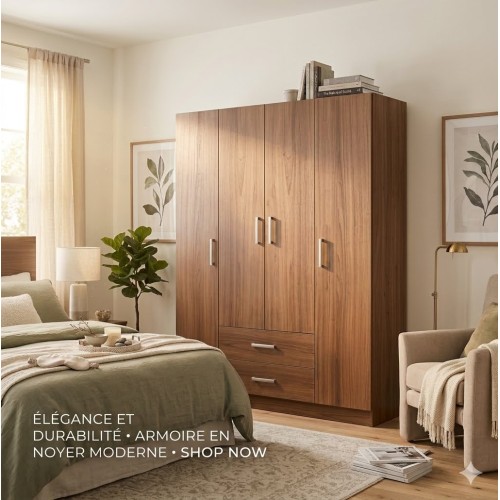 Armoire en bois à 4 portes battantes tissées – Meuble de rangement élégant et fonctionnel