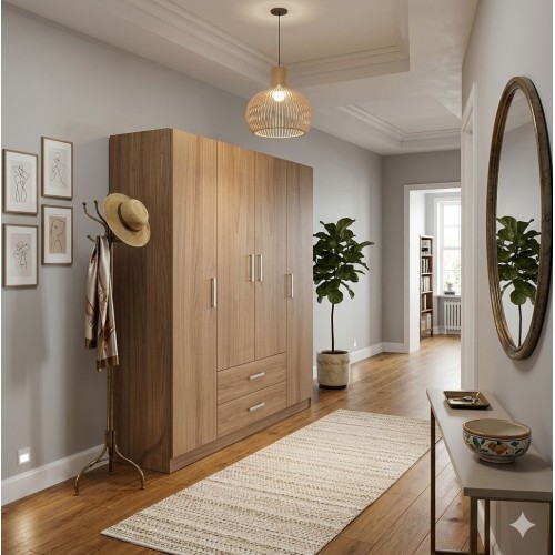 Armoire en bois à 4 portes battantes tissées – Meuble de rangement élégant et fonctionnel 2