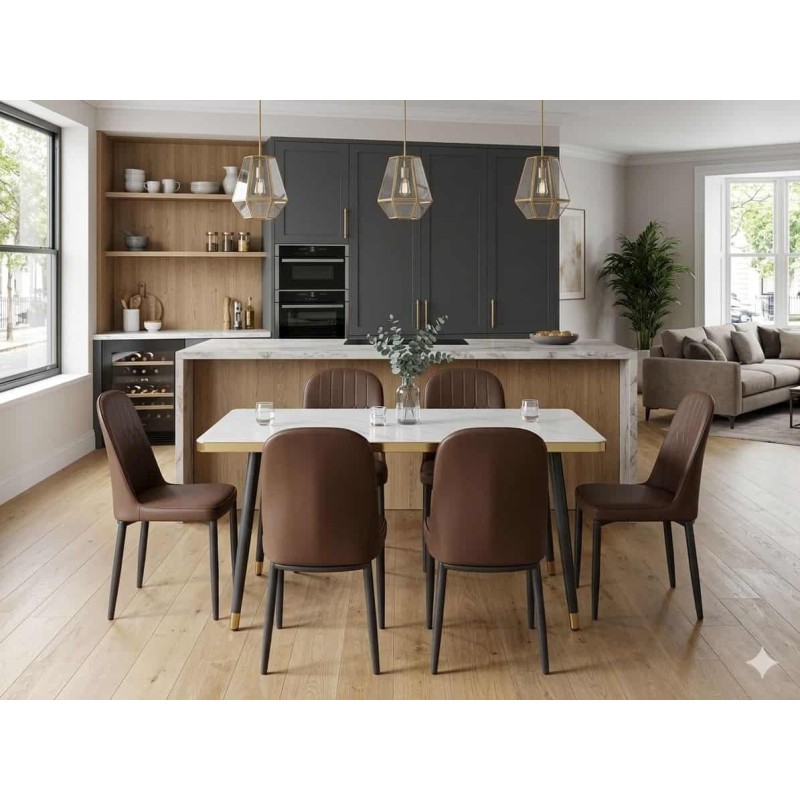 Ensemble Salle à Manger Complet  Table Rectangulaire Effet Marbre Blanc et 6 Chaises