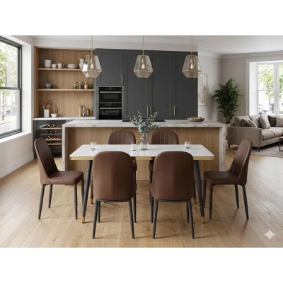 Ensemble Salle à Manger Complet  Table Rectangulaire Effet Marbre Blanc et 6 Chaises