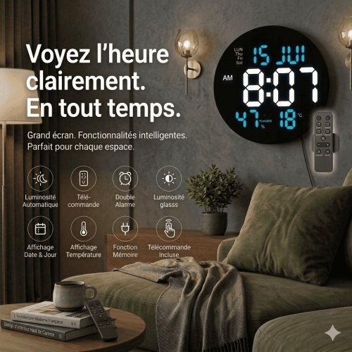 Horloge Murale LED Digitale - Télécommande & Température 2