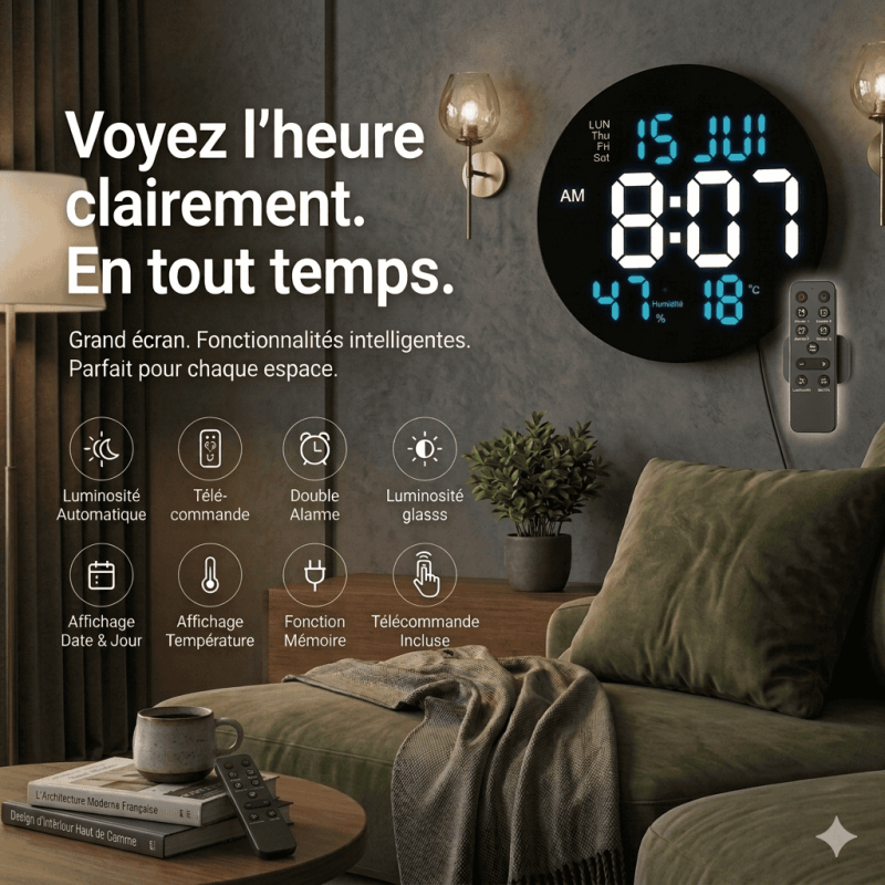 Horloge Murale LED Digitale - Télécommande & Température
