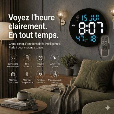 Horloge Murale LED Digitale - Télécommande & Température