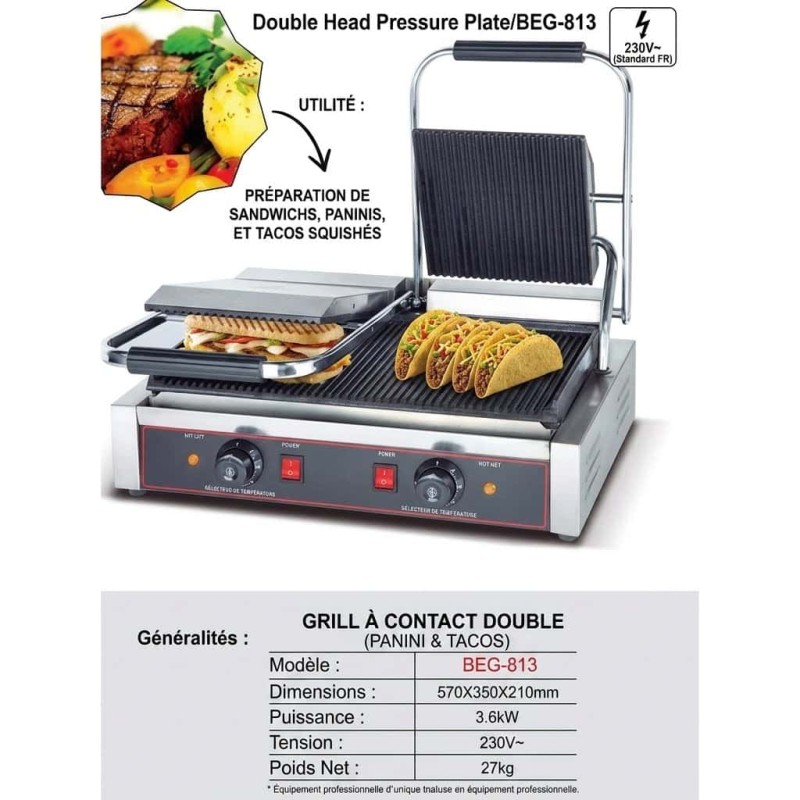 Machine Grill Panini Professionnel Double – Idéal Tacos, Sandwichs & Paninis