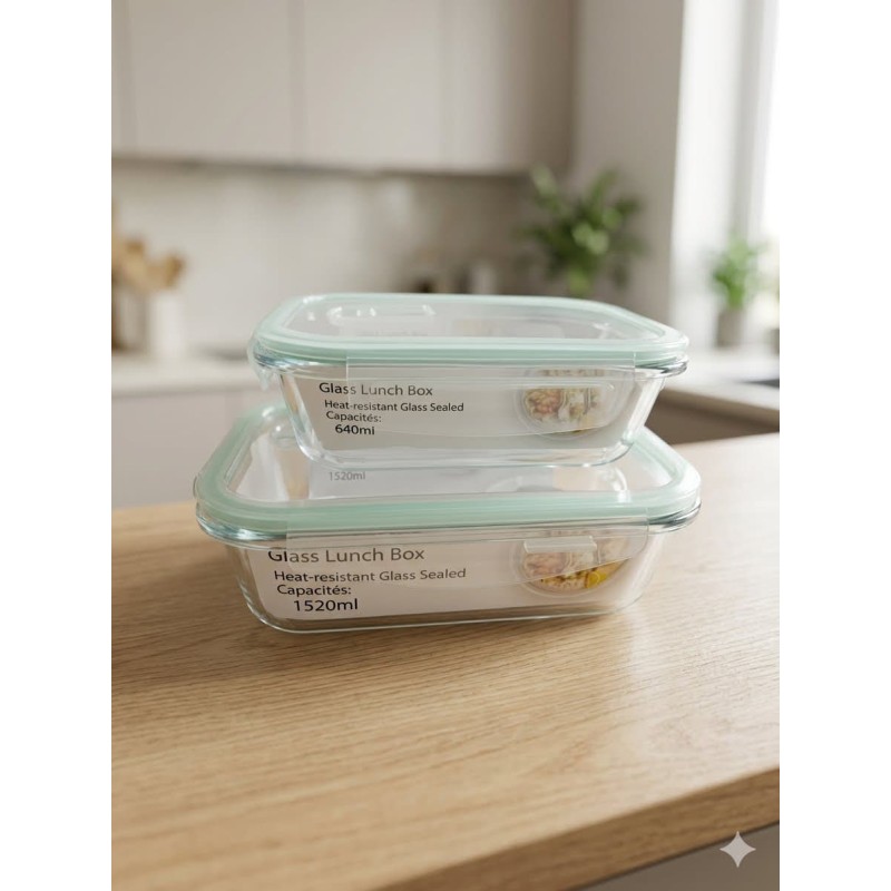 Lot de 2 Boîtes Lunch Box en Verre Borosilicaté Hermétiques
