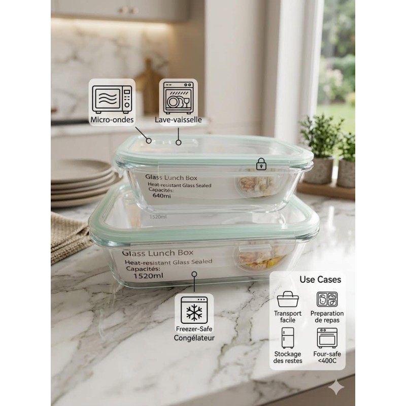 Lot de 2 Boîtes Lunch Box en Verre Borosilicaté Hermétiques