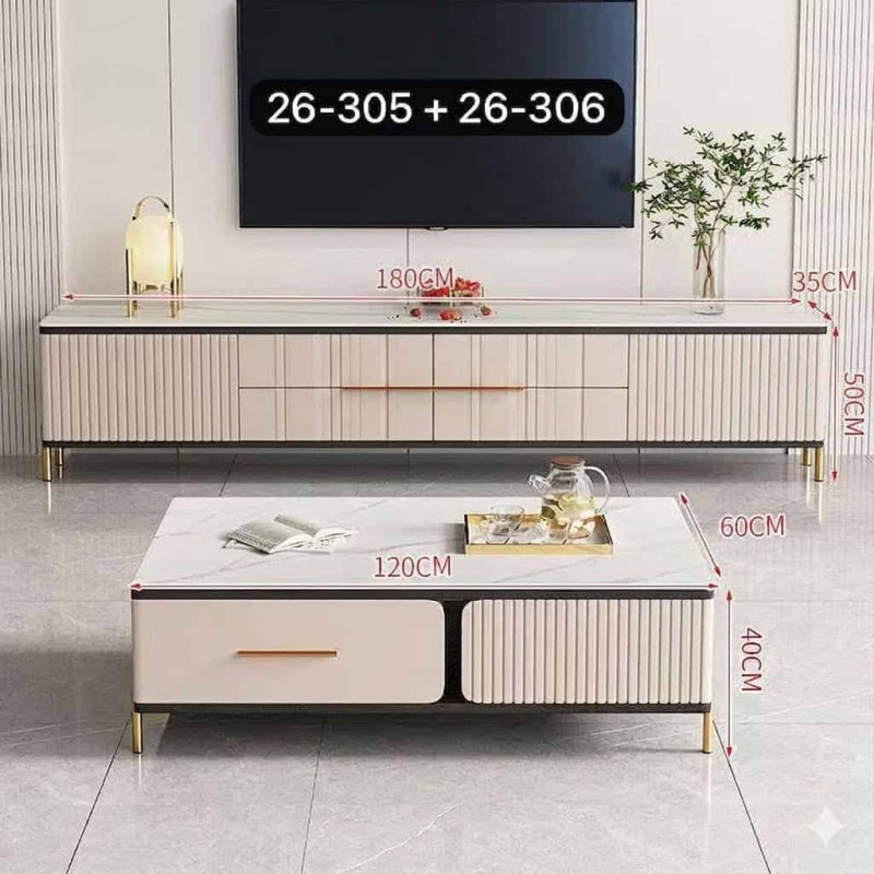 Ensemble Salon Luxe : Meuble TV 160 cm et Table Basse Marbre Design Moderne