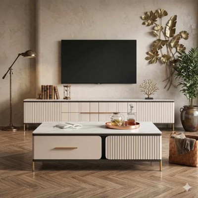 Ensemble Salon Luxe : Meuble TV 160 cm et Table Basse Marbre Design Moderne