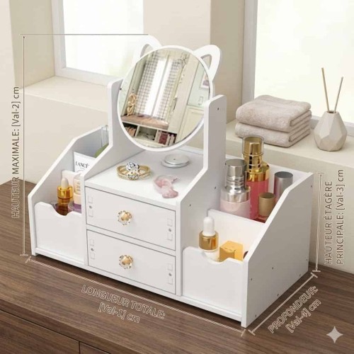 Organisateur de Maquillage Blanc avec Miroir Oreilles de Chat | Rangement Cosmétiques Design