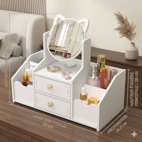 Organisateur de Maquillage Blanc avec Miroir Oreilles de Chat | Rangement Cosmétiques Design 2
