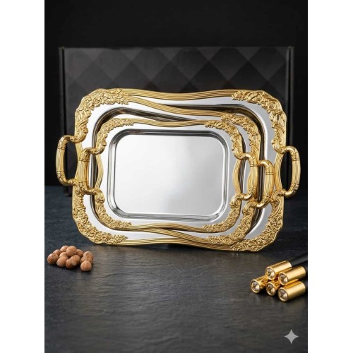Plateaux de service 3 pieces rectangulaires en inox avec bordures dorées 2