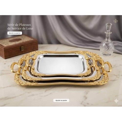 Plateaux de service 3 pieces rectangulaires en inox avec bordures dorées